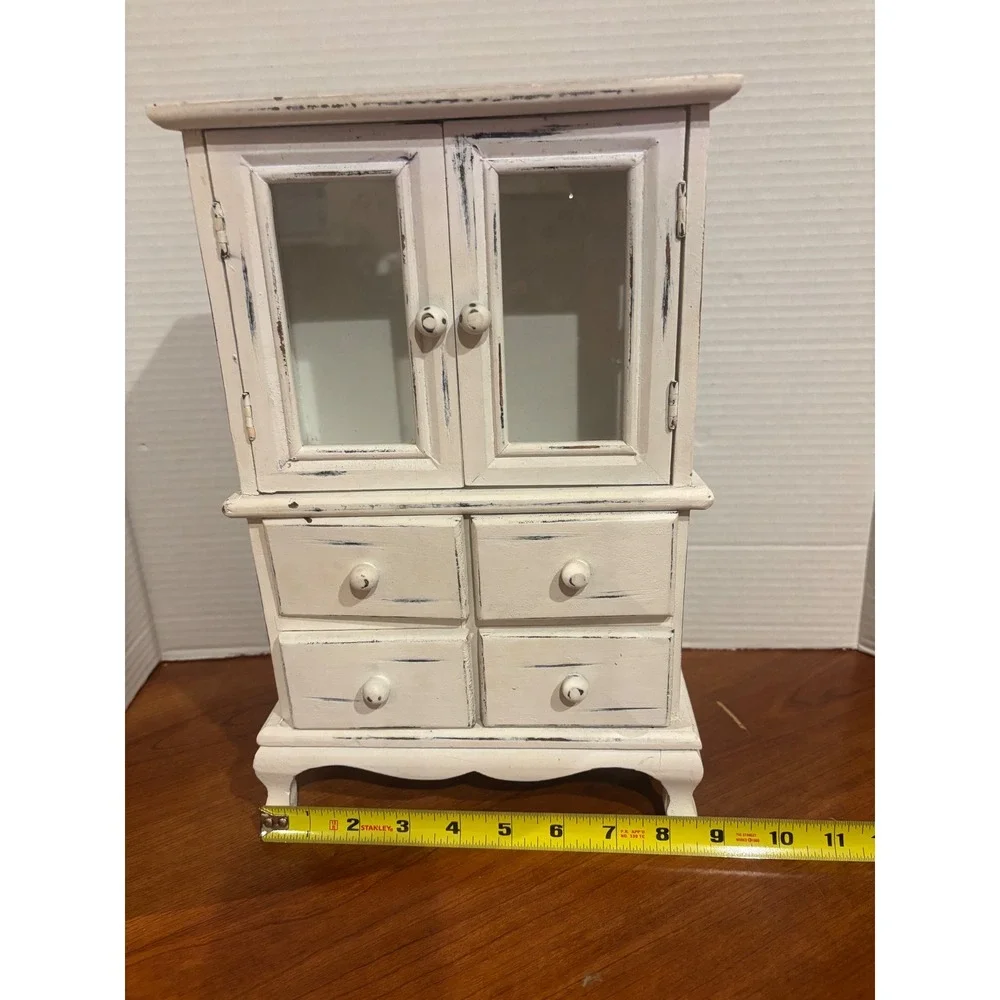 Vintage Shabby Chic Miniature Armoire Jewelry Box White Distressed Wood Cabinet